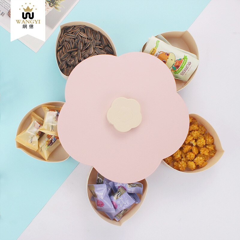 Double Layer Petal Shaped Rotating Candy Box Dish Snacks Tray Five Grid Dried Fruit Case Plastic Container