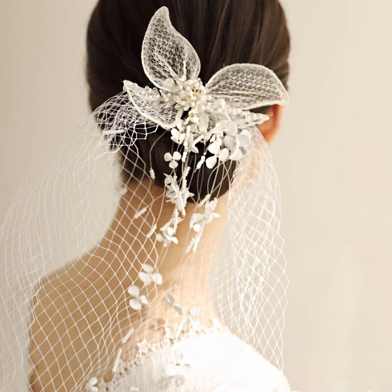 Mori koreaanse stijl prachtige zijden mesh sluier driedimensionale vlinder parelrand clip lange sluier trouwjurk haaraccessoires