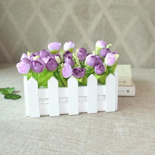 1 Set Wooden Fence Vase + Flower Rose And Daisys Silk Artificial Flowers Home Decoration Garden Decor Birthday: Purple