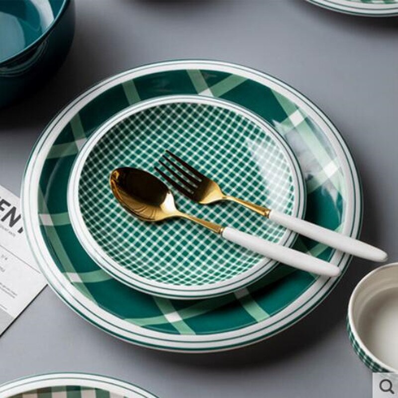 Green plaid series Plate Set Ceramic Kitchen Plate Tableware Set Food Dishes Rice Salad Noodles Bowl Soup Kitchen Cook Tool 1pc