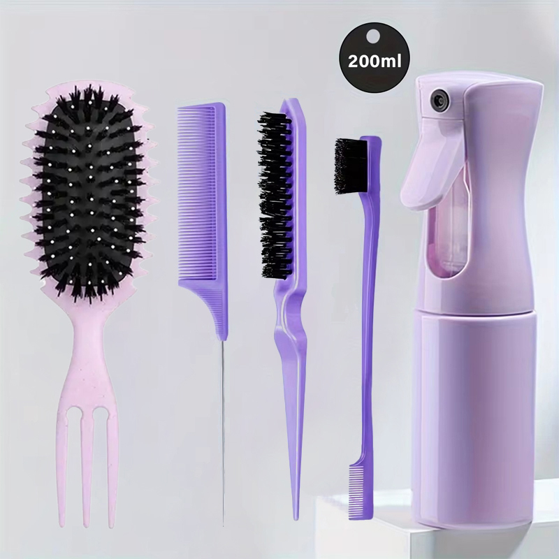 Juego de peinado para desenredar, botella pulverizadora, rollo 3 en 1, peine para el cabello, peine de cola de rata curvo, cepillo de Control de bordes, herramienta de peluquería, 5 uds.: Negro