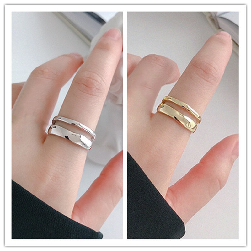 DreamySky Boho Silver Color Double Layer Geometric Irregular Rings For Women Large Adjustable Finger Rings