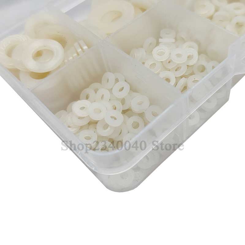 550pcs Nylon Flat Washer Set m2 m2.5 m3 m4 m5 m6 m8 m10 Gasket Set Plain White Washer Flat Pad Assortment Kit Ring