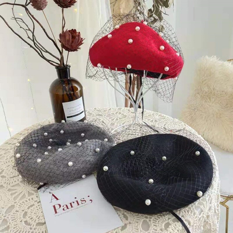 Lady Autumn Winter Berets Hat Pearl Lace Veil Painter Hat Women Sweet Vintage Berets Caps Female Bonnet Warm Walking Cap