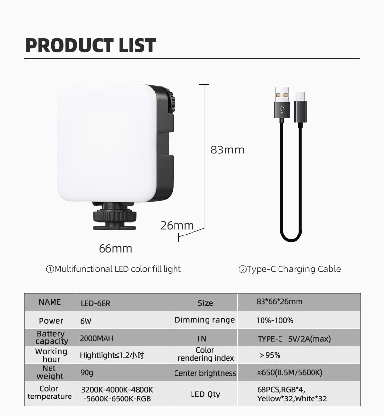 LED-68R 6W RGB Mini LED Video Light 2000mAh Built-in Battery 5500K Photographic Lighting U Bright 2700K-6500K Vlog Fill Light