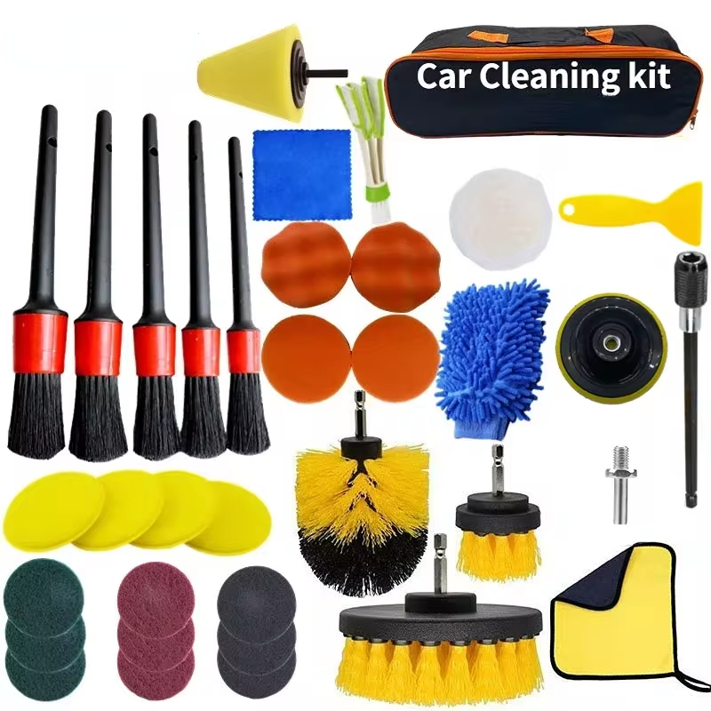 PKWKS Kit de limpieza de coche, juego de cepillos para detalles de taladro, rejillas de ventilación de aire acondicionado, pulidor de toallas, herramientas para detalles de automóviles: Blanco