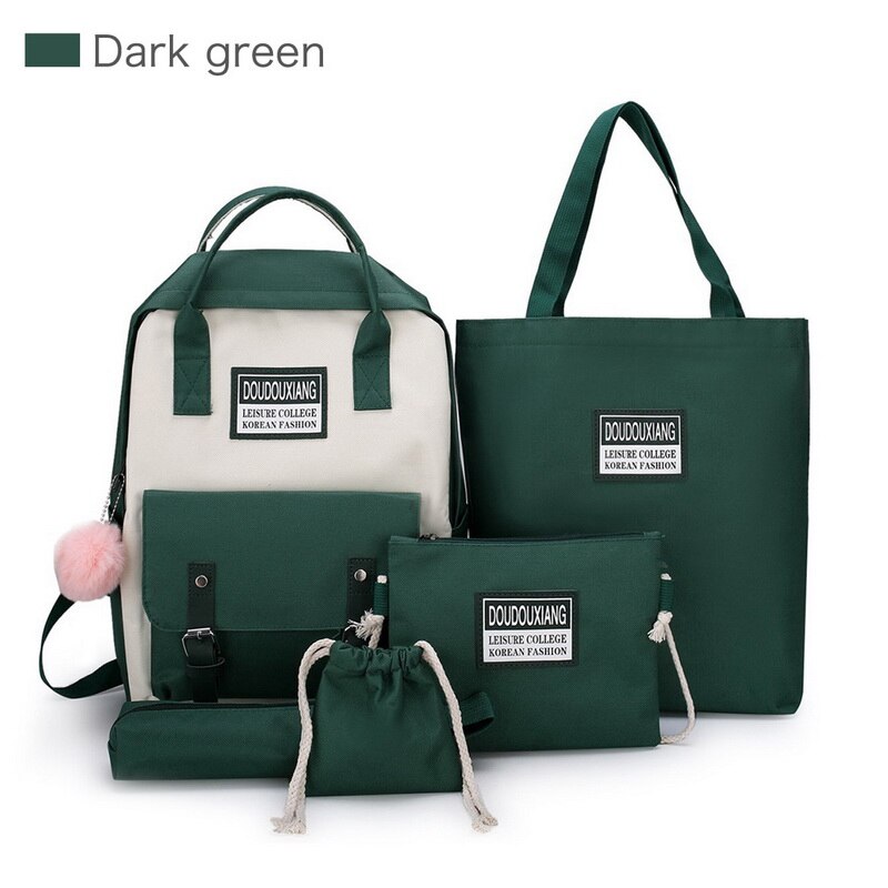 5 pçs/set mulheres mochila adolescente meninas corrente usb sacos de lona mochilas bolsa ombro feminino estudante sacos escola borla: 5pcs Dark green