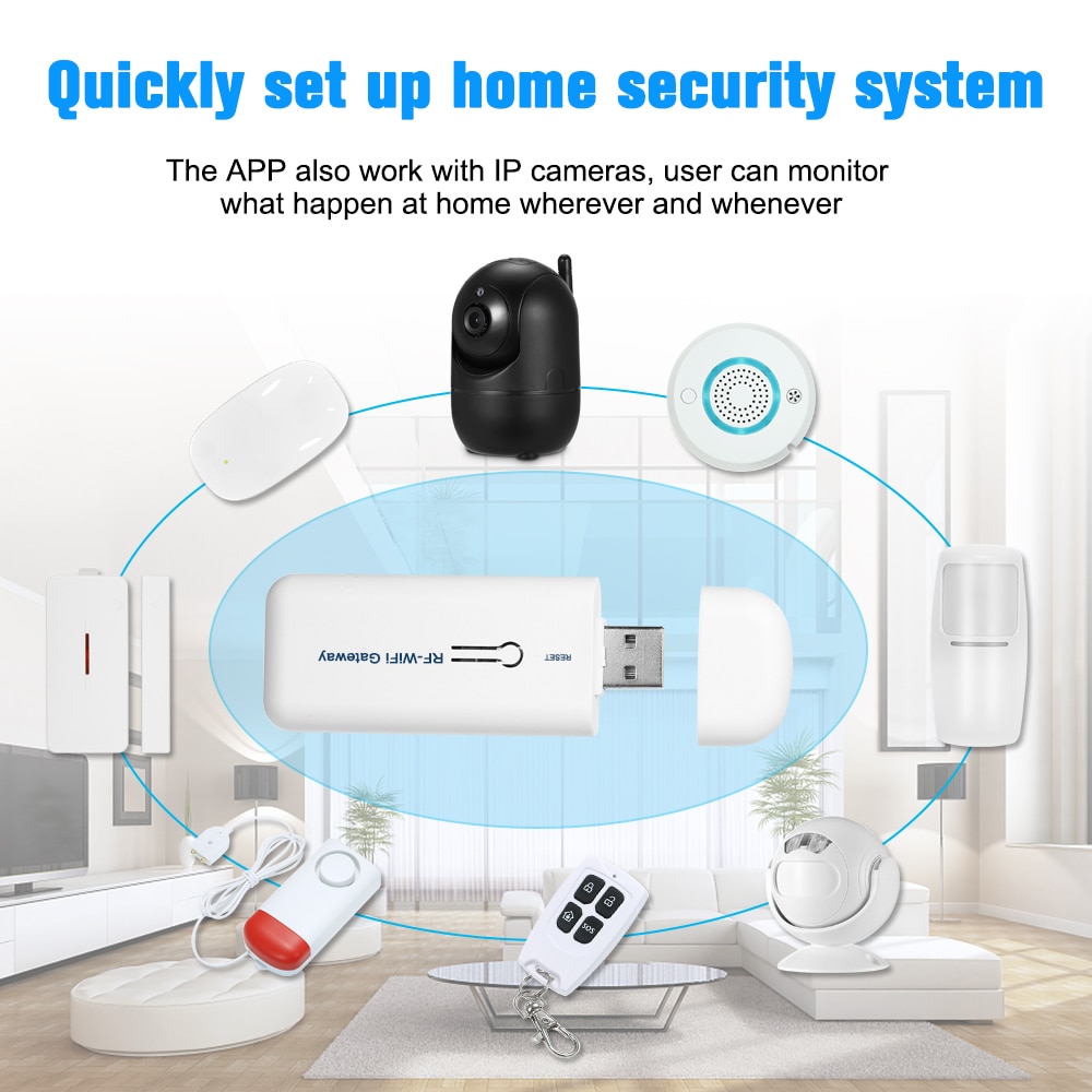 RF WiFi Tor Alarm System mit 433MHz Fernbedienung Tür Sensor PIR Bewegung Sensor Rauchmelder APP Fernbedienung