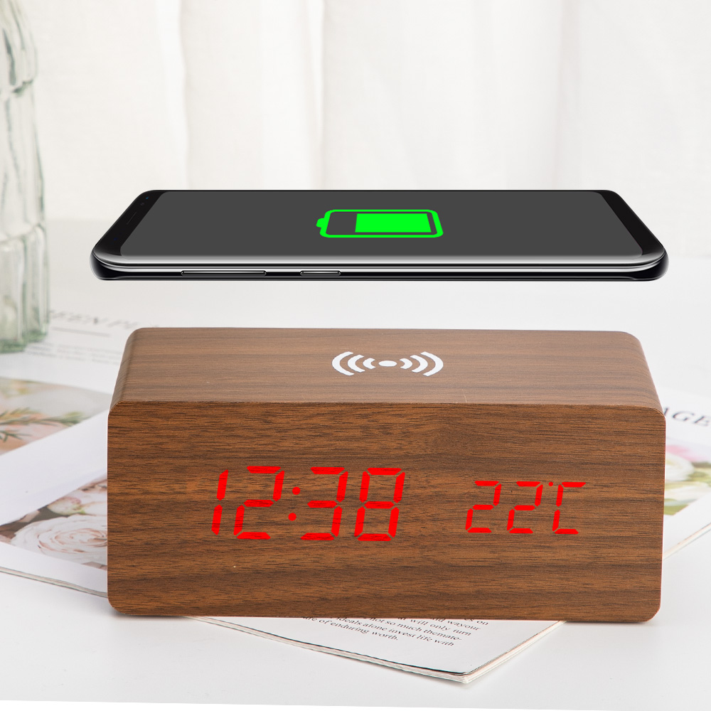 Wooden Alarm Clock With Qi Wireless Charging Pad Compatible With For Iphone Samsung Wood Led Digital Clock Sound Control Funct