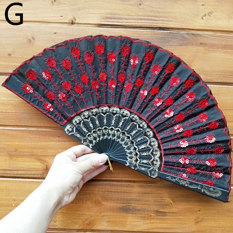Art Fan Folding Tail Feather Plastic Bone Sequins Carved Hand Fan Summer Accessory Crafts Print Home Decor Embroidery: G