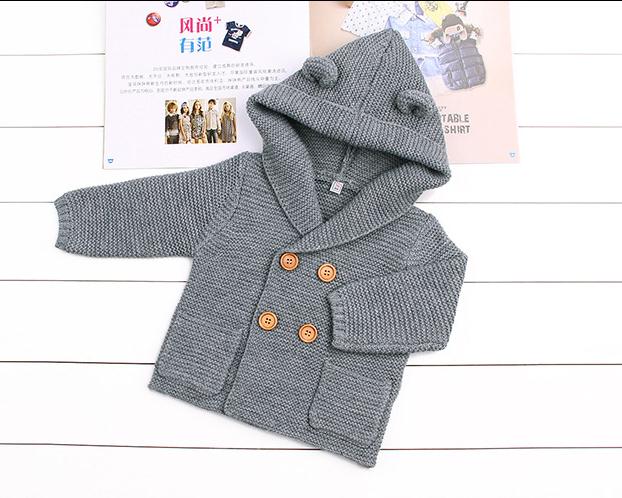 0-24M Babys Boy Girl Winter Autumn Sweater Long Sleeve Hooded Jacket Solid Cute Warm Knitting Coat: Gray / 18M