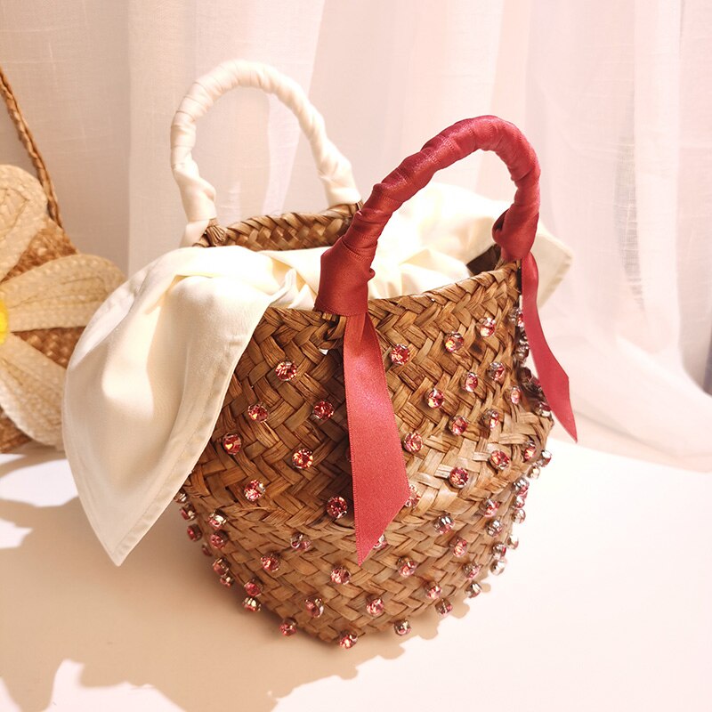 Woman Vacation Bag Embellished Straw Bag Ladies Woven Seaweed Bucket Diamond Bag Pearl Handbags: rose red With lining / L