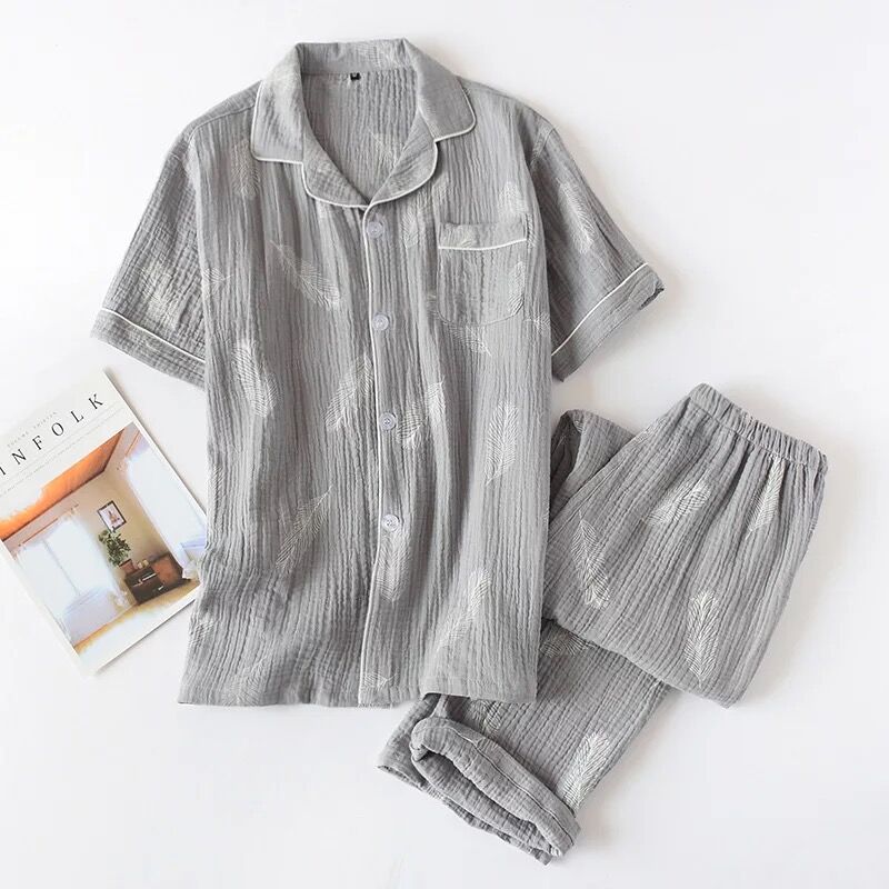 Herre pyjamas sæt sommer crepe bomuld kortærmede bukser sæt fjer løst sommer hjemme service herre nattøj herre pyjamas