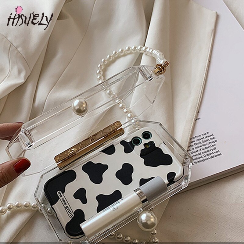 2022 moda trasparente scatola acrilica pochette borsa da donna trasparente borsa a forma di botte di plastica borsa da festa per ragazza con catena di perle