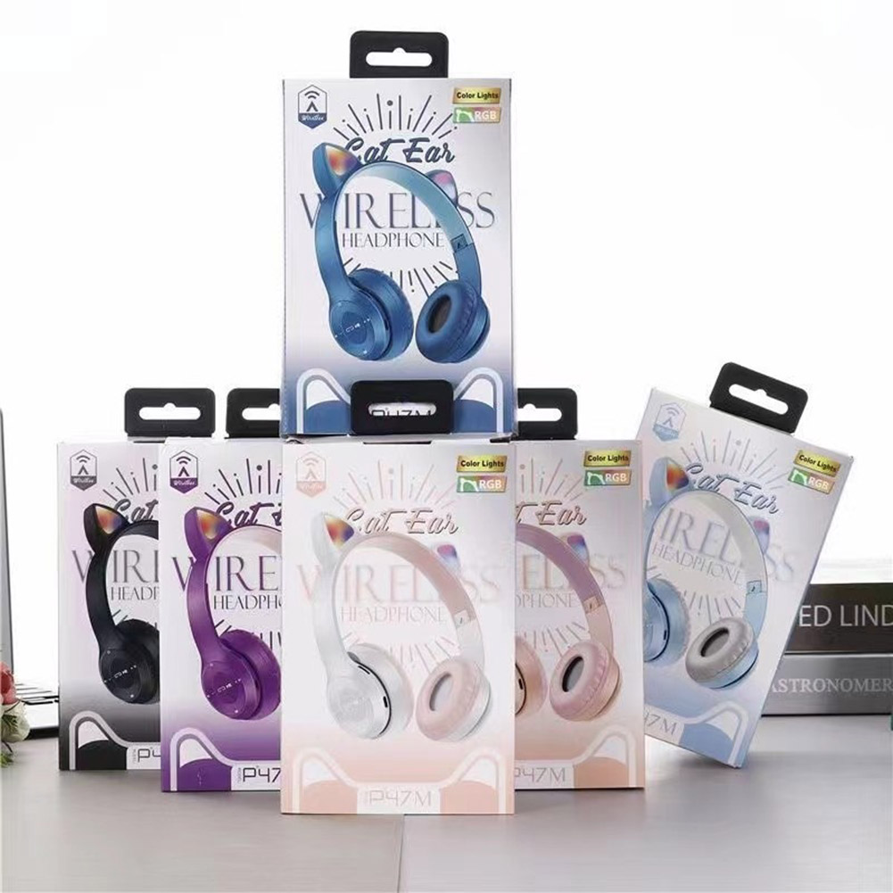 Trådlösa spelhörlurar med kattöra, lysande ljus, bluetooth-kompatibla hjälmar, stereobas, over-ear-headset för pc och telefon