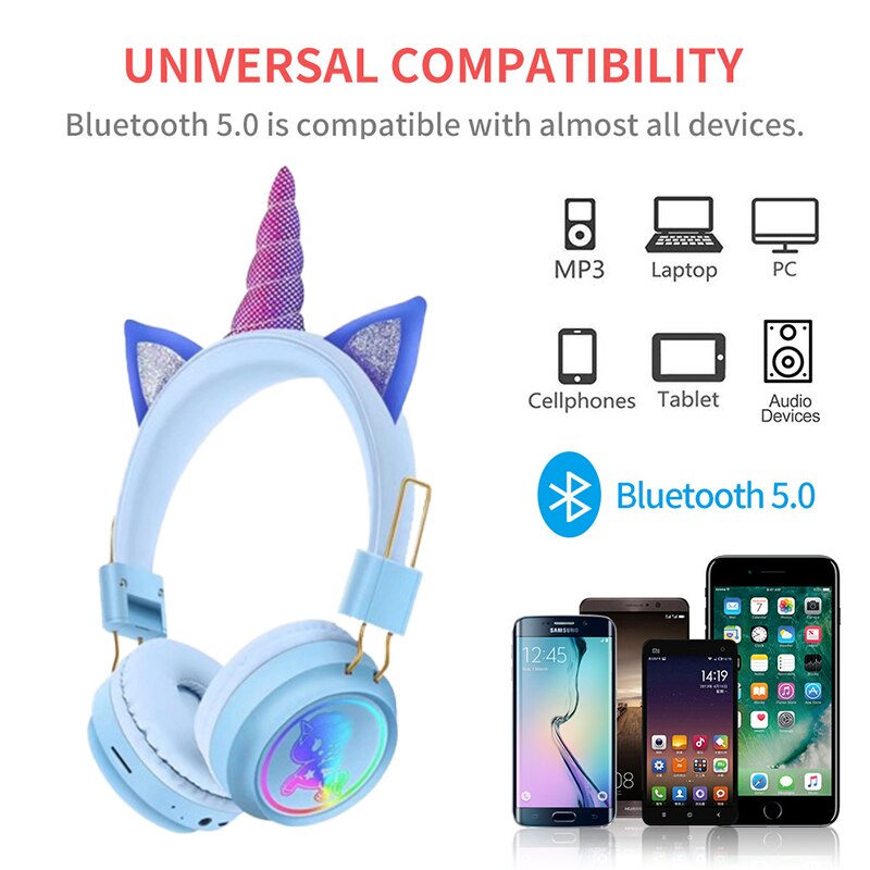 Auriculares inalámbricos con micrófono de unicornio para PC, cascos estéreo de música para teléfono móvil, de cumpleaños para chica, con caja, novedad de