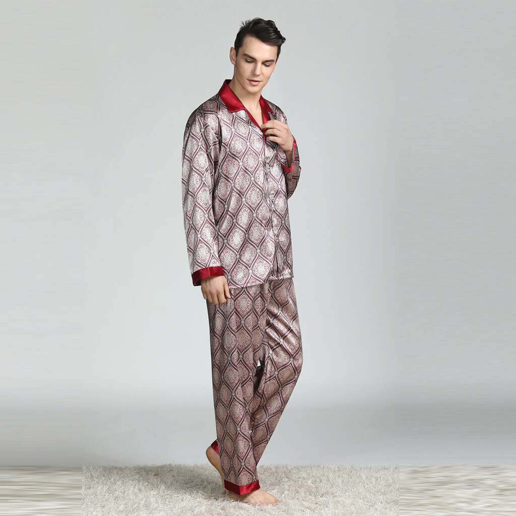 Men Silk Satin Pajama Sets Long Sleeve Sleepwear Set Two Pieces Pijama Pajamas Suit Male Breathable Pyjamas Loungewear#g3