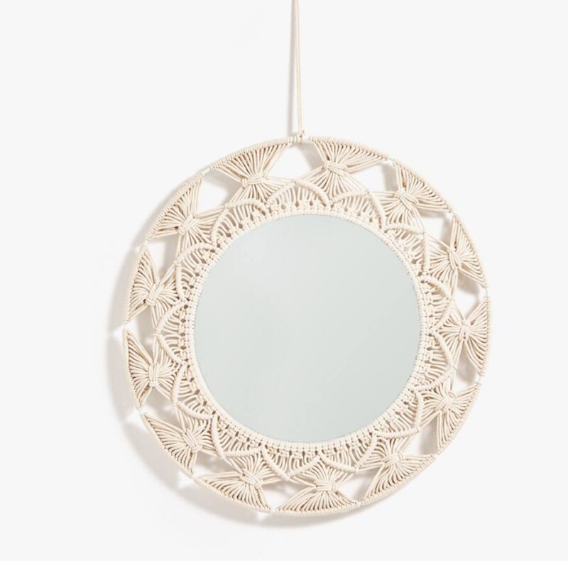 Tapisserie murale suspendue en macramé | Décoration murale en macramé, tapisserie avec nœud en tricot, miroir rond style bohème, décorations: WHITE