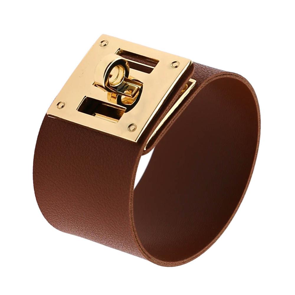 Kmvexo gótico couro do plutônio pulseiras mulheres jóias harajuku fivela de metal ampla pulseira punk pulseiras homme masculino festa jóias presentes: Brown