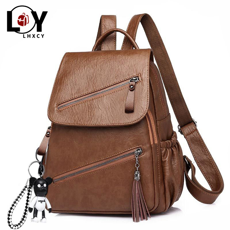 Vintage Tassel Pu Leather Multi-zip Clamshell Women Backpacks Soft School Bags High Capacity Travel Bags