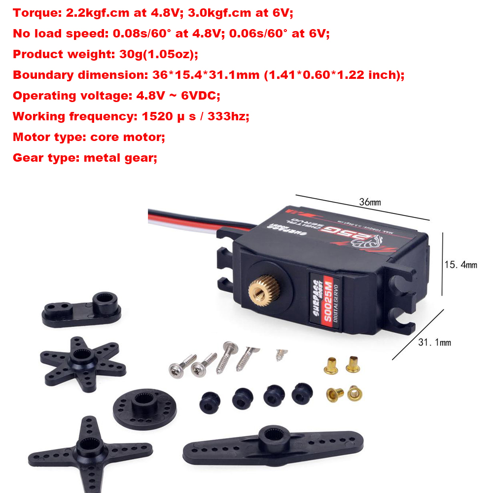 SURPASS HOBBY servo 9g 17g 25g 6kg 9kg 15kg 16kg 20kg 24kg 25kg 30kg Digital Servo for 1/18 1/16 1/12 1/10 1/8 1/7 1/5 rc car: 25g metal servo