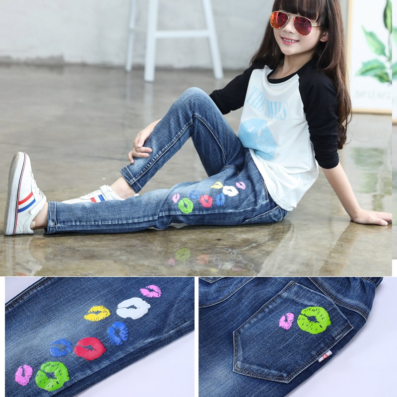children clothes spring autumn stretch cotton jeans girls color lip print leisure long denim trousers