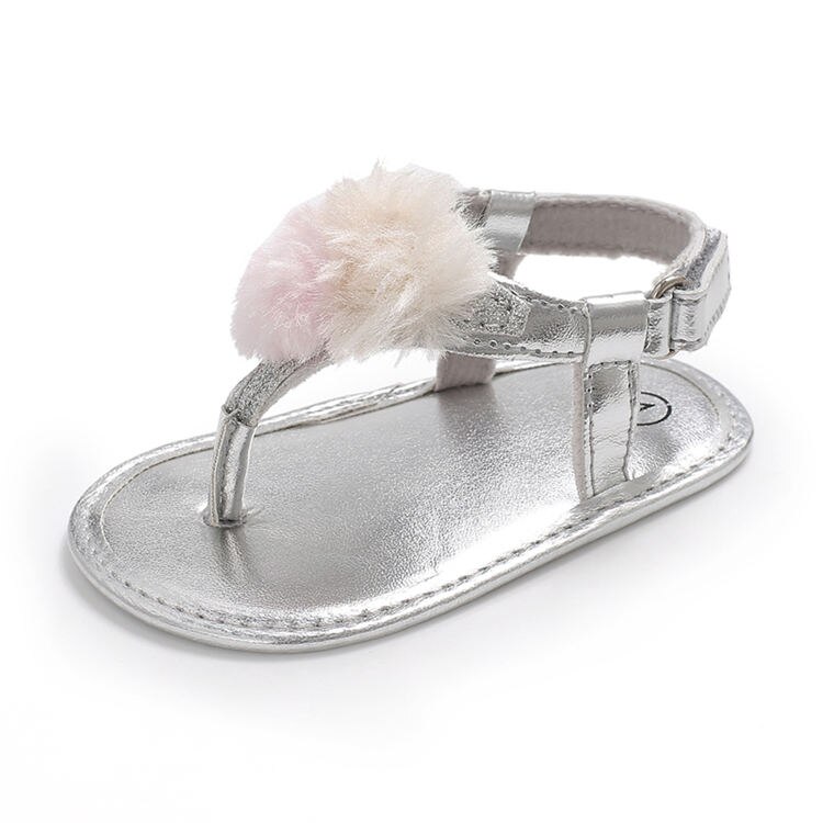Zomer Baby Girl Infant Sparkle Sandalen Pu Witte Pompon Zachte Zool Anti-Slip Party Prinses Peuter Baby Eerst Wandelaars schoenen: Zilver / 13-18 months