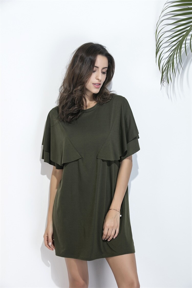 Army Green Summer Women Dress Round Neck Butterfly Sleeve Casual Loose Knitted Shift Mini Dress 1477