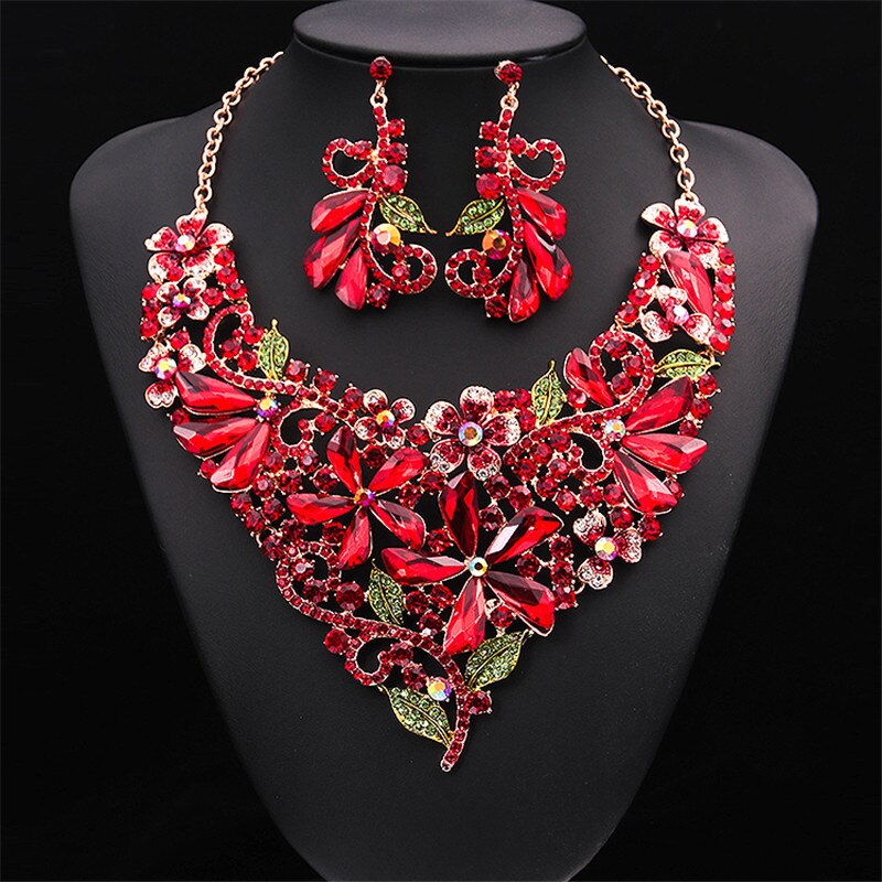 Wedding Jewelry For Women Bridal Crystal Necklace Earring Sets Charm Five-leaf Flower Luxurious Jewelry Valentine&#39;s Day: Red