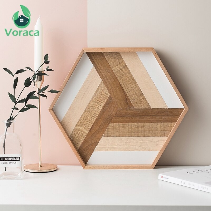 Plateau de service Hexagonal en bois décoratif | Plateau décoratif en bois, thé Dessert plateaux à pain, serveur de nourriture, plats de décoration de la maison, accessoires de photographie