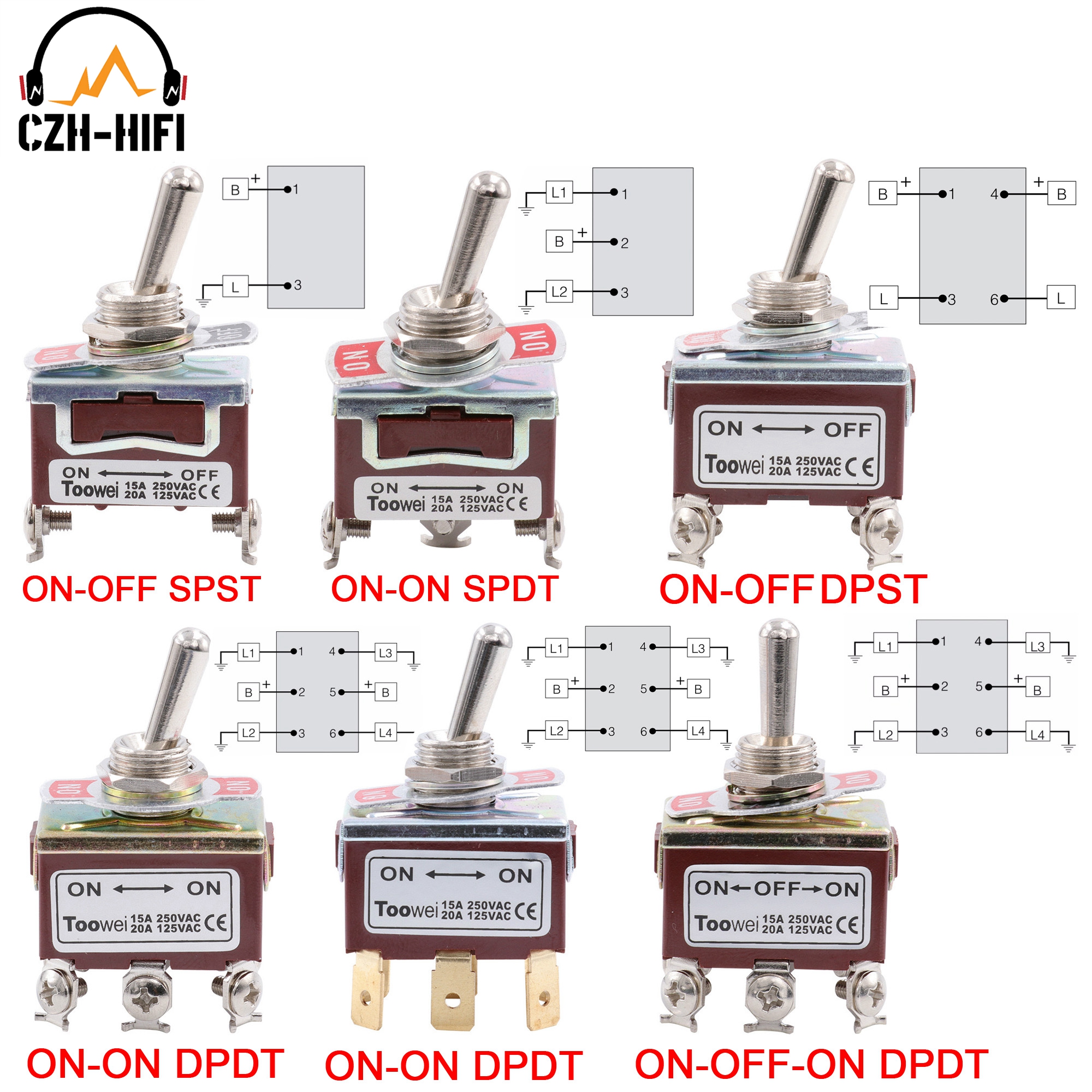 Interruttore a levetta SPST DPDT DPST SPDT in poi-in poi in poi-spento-in poi in poi in poi-spento interruttore a bilanciere di alimentazione ca AC 250V 15A 125V 20A