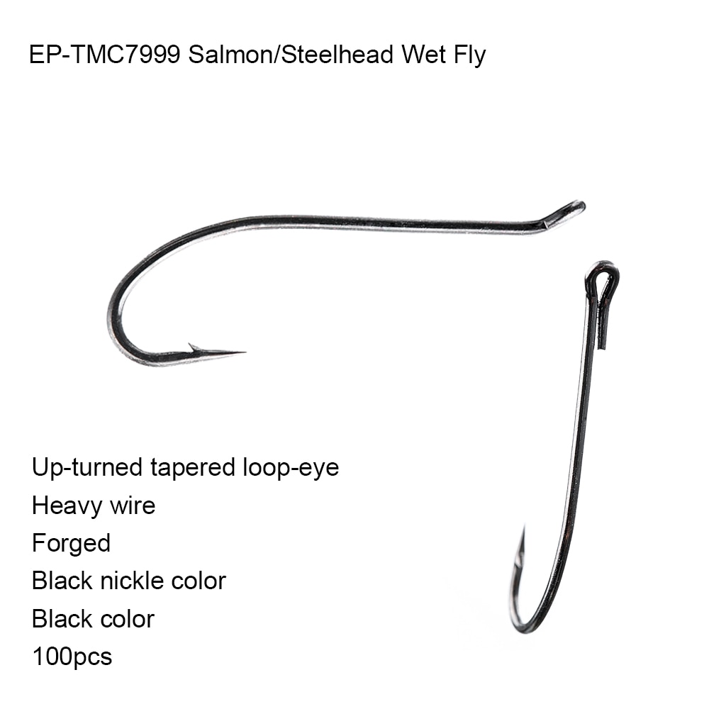 Eupheng Salmon Steelhead Wet Fly Fishing Hook Black Nickle Up-turned Tapered Loop Eye 120pcs EP-TMC7999