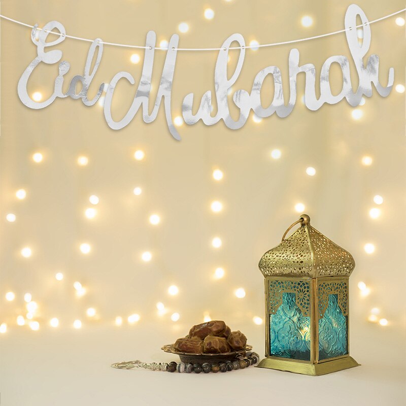 Banderole à paillettes EID MUBARAK, 1 lot, banderole en papier, lettres EID, banderole musulmane islamique Mubarak Ramadan, décoration de maison, fournitures de fête