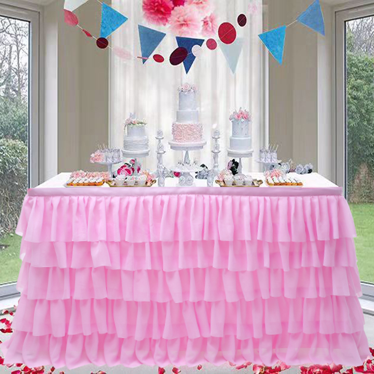 Faroot White Tulle Ruffled Table Skirt Decoration for Rectangle Round Table 5-layer Table Skirting Birthday Party: Pink