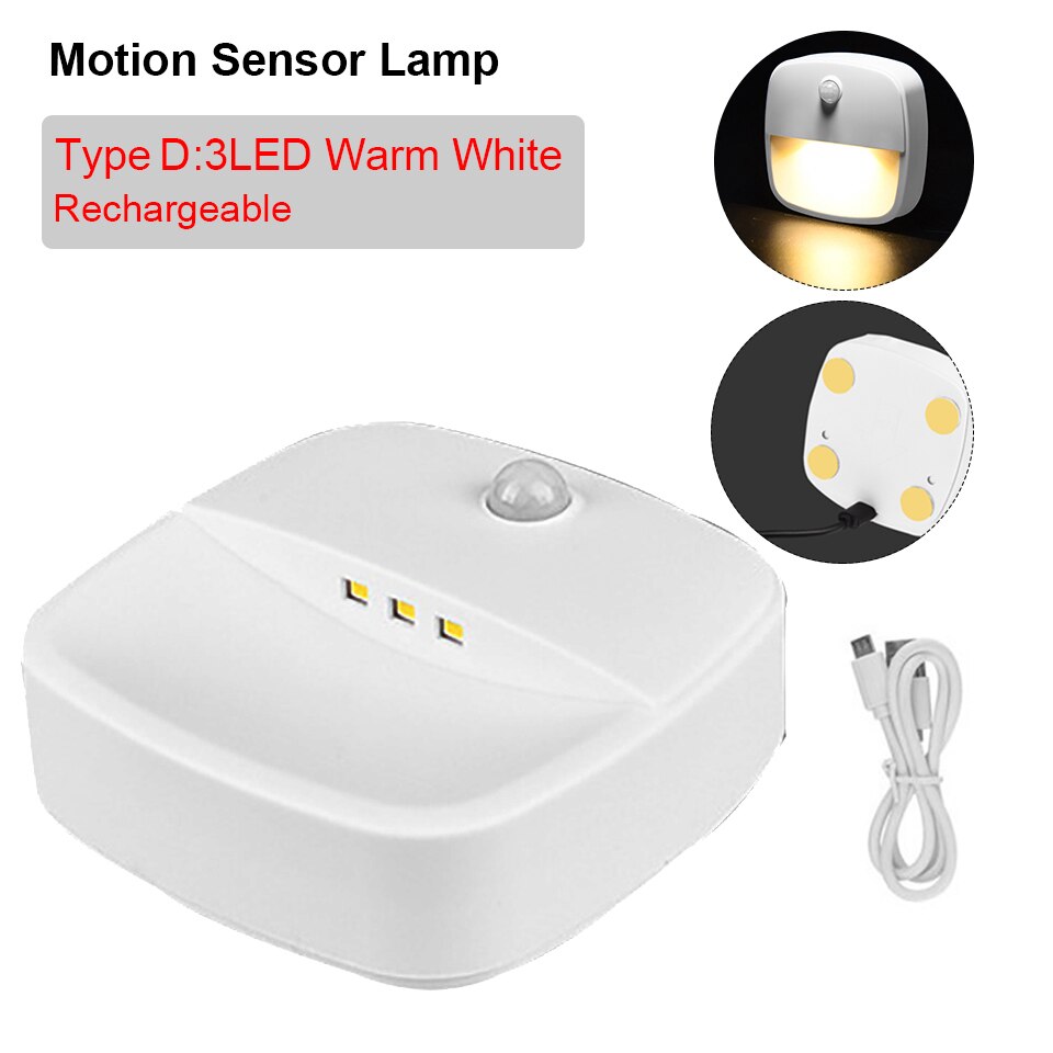 Bevægelsessensor nattelys trådløs væglampe batteridrevet toilet trappe køkkenskab lys nødbelysning genopladelig: Type d / 3 stk