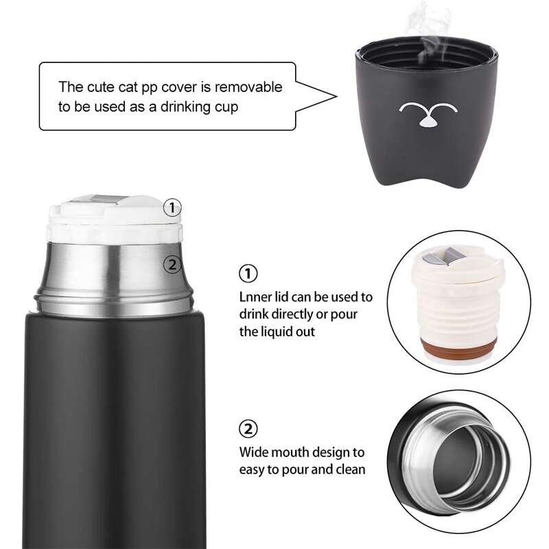 Cat Thermos for tea Stainless Steel 500Ml Water Insulated Bottle Vacuum Flask Water Thermal Cooler Travel Coffee Mug Cup