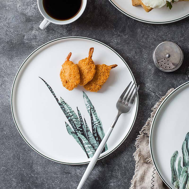 Scandinavian style underglaze Western food plate Simple floral pattern steak plate stackable dessert salad plate dish