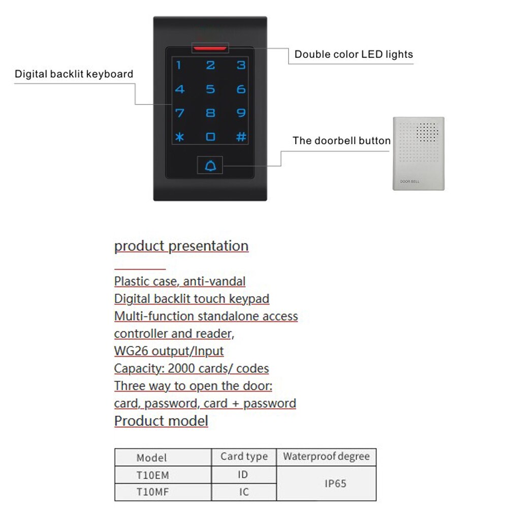 T10 Plastic case Digital backlit touch keypad 125KHZ RFID 13.56MHZ Card Reader WG26 Input output Standalone Access Controller