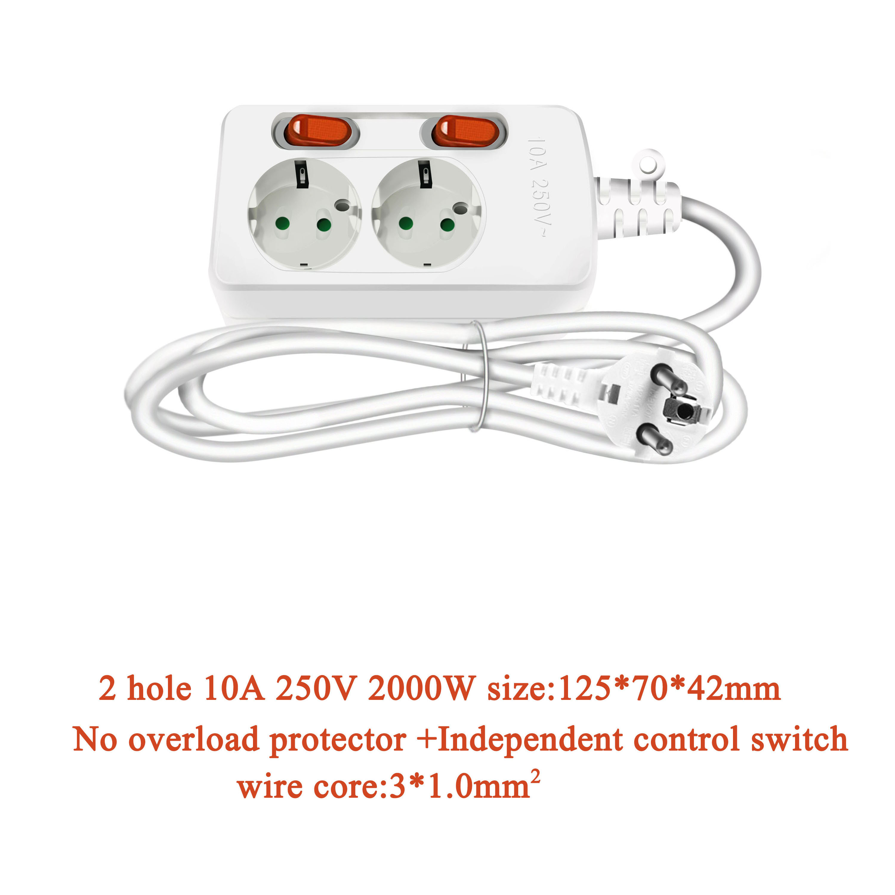 EU PLUG 1.5/2.5m 2/3/6 Extension Socket 250V 10A/16A Individually Switched Power Strip 3AC 2USB Outlets Charger Adapter Socket: EU PLUG L2.5M / 2 SOCKET NO USB