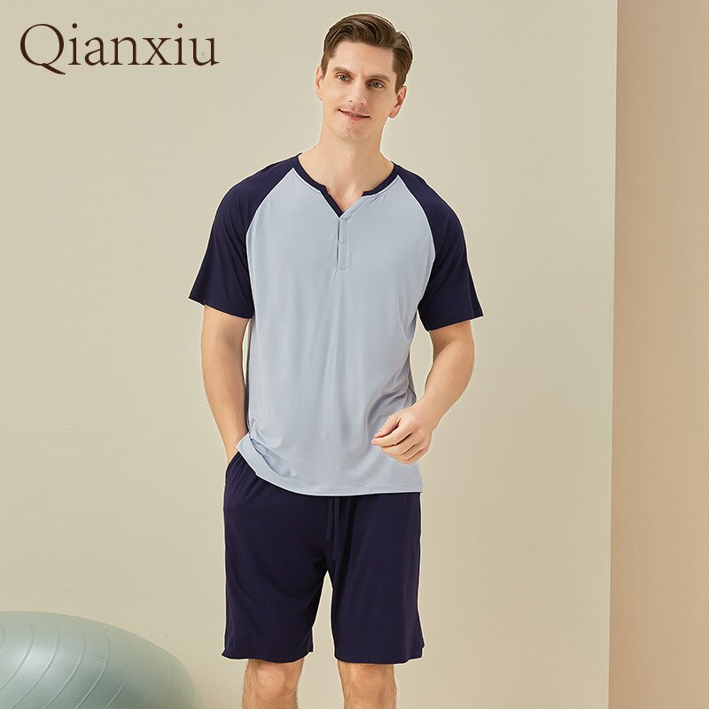 Pyjama en fibre de bambou pour hommes, ensemble d'été, manches courtes, short, vêtements de maison