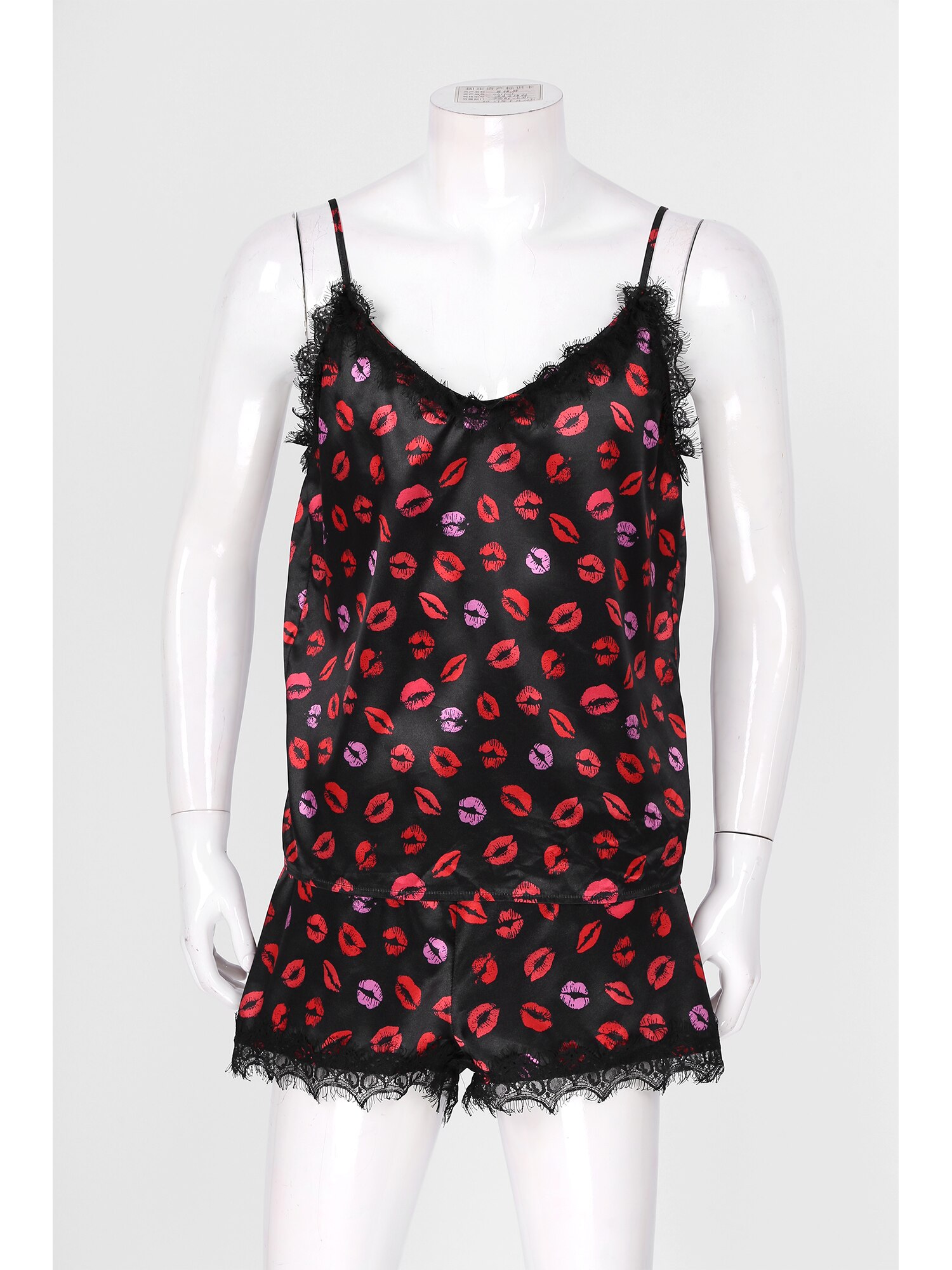 Men Lips Printing Two-piece Pajama Set Sissy Nightwear Lace Trim Sleepwear Adjustable Spaghetti Strap Vest With Shorts Sleeper