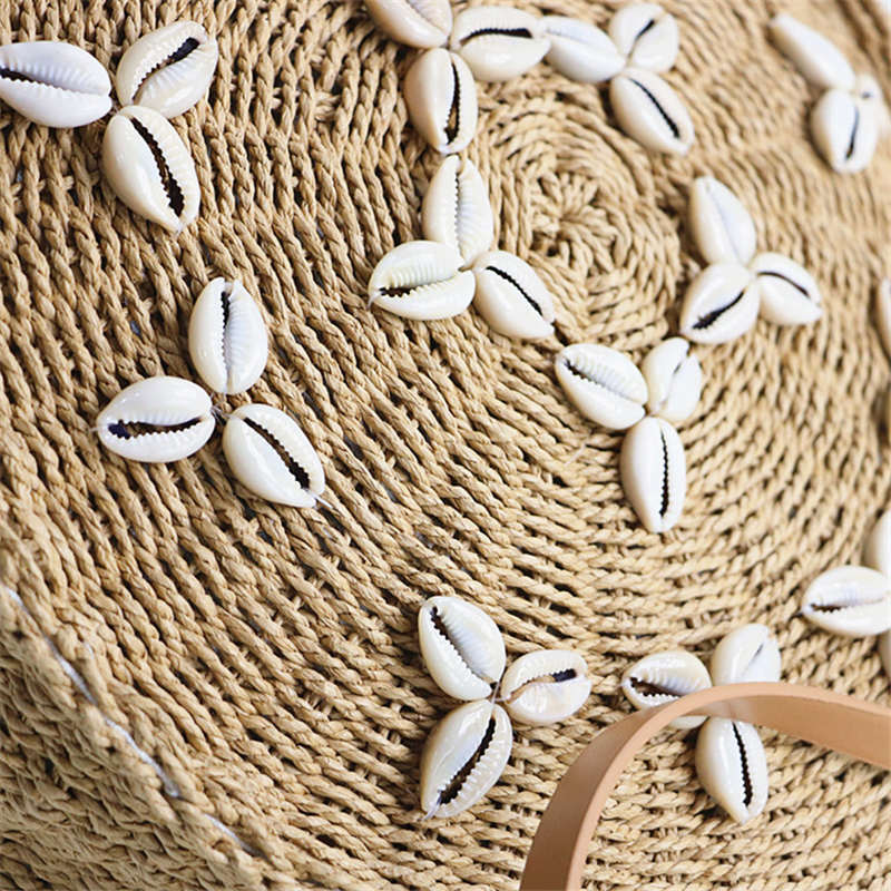 Sac de plage en paille ronde sac à bandoulière fait main en coquille tissée d'été pour filles, cercle en rotin tressé détail sac avec fermeture à glissière