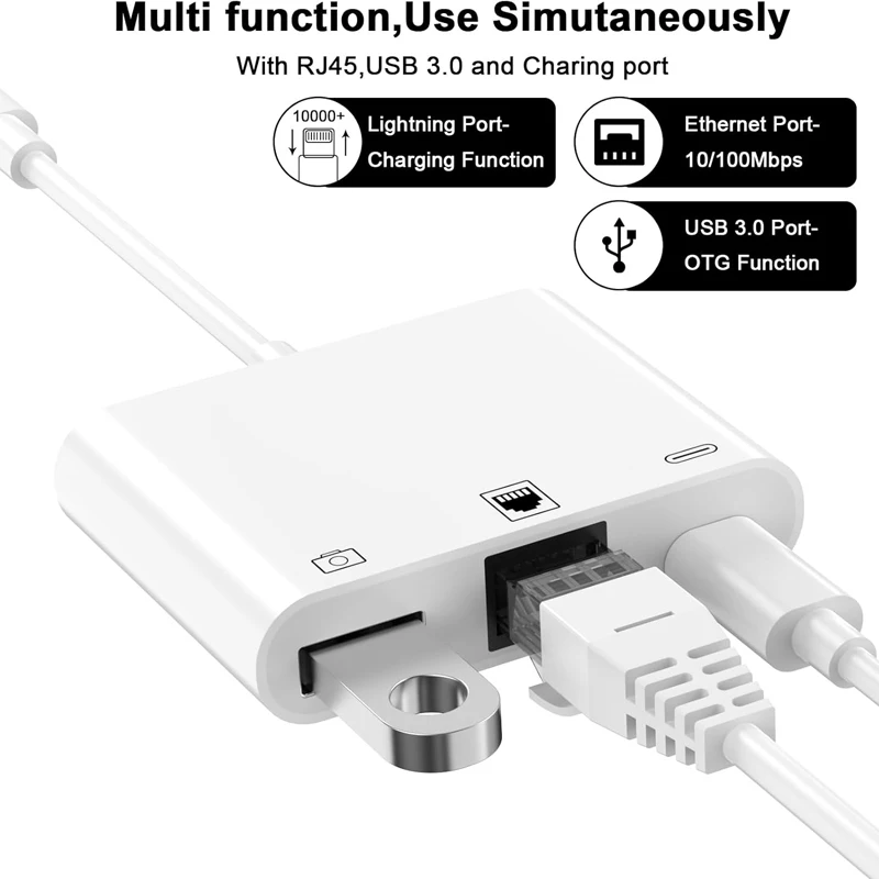 Adaptador Ethernet RJ45 con puerto de carga USB OTG, dispositivo 3 en 1 para Lightning iPhone 14, 13, 12, 11, 8, 7, 6, 5 /iPad/iPod