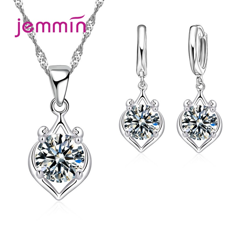 925 Sterling Silver Trendy Crystal Pendant Necklace Earrings Jewelry Set For Women Girls Wedding Engagement Jewelry: Gold