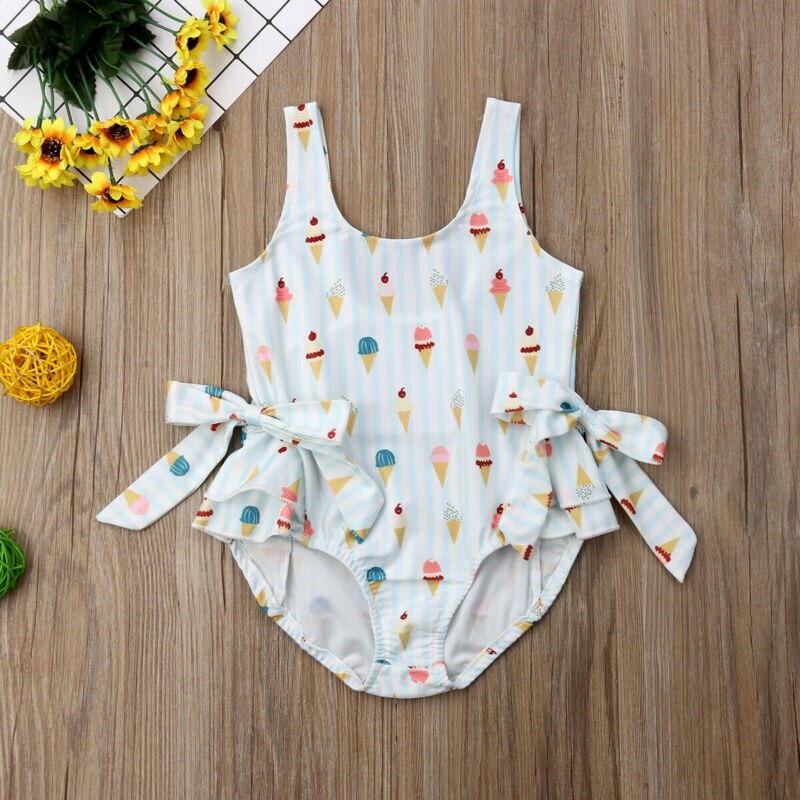 Merk baby rompers peuter baby meisjes badmode print ijs bikini set mouwloos strandkleding katoenen strik