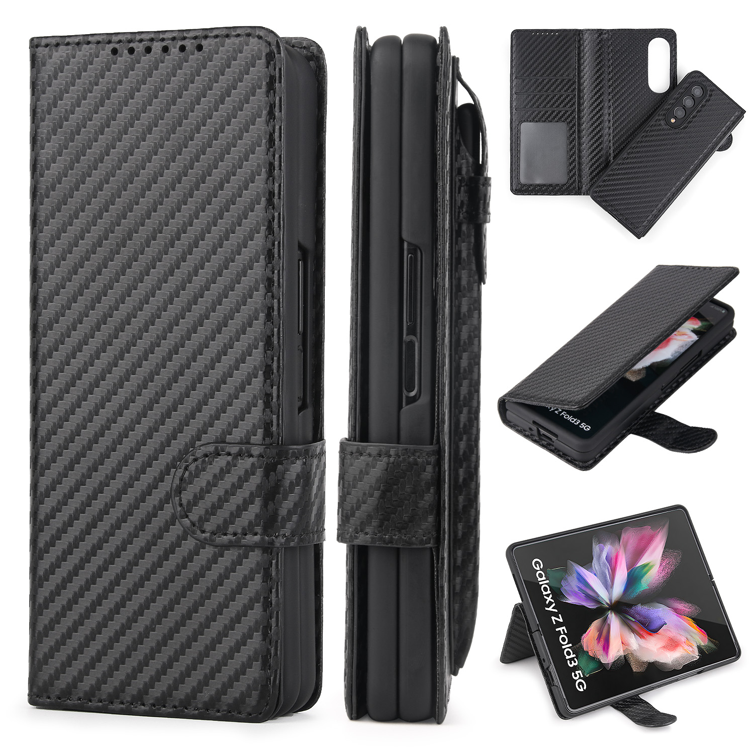 Afneembare Case Voor Samsung Galaxy Z Vouw 3 Pu Leer Magnetische Kickstand Shockproof Cover Met S Pen Stylus Houder: Carbon Fiber Black