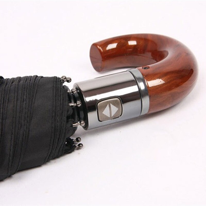 PALONYFully automatic folding wooden handle leather handle black business luxury carwindproof men's 10k sunny and rainy umbrella: B