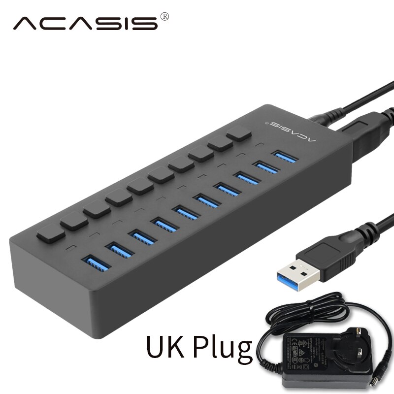Acasis Multi USB 3.0 Hub 10 ports High Speed With ON OFF Switch Adapter Splitter USB Expander Computer Accessories: UK Plastic Black