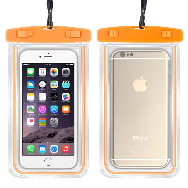 Universel vandtæt telefonpose tør berøringspose med lysende kant 5.5 tommer til iphone 6 6s 7 plus strand undervands swimmingpool: Orange