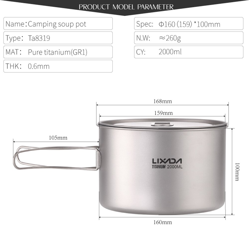 Lixada 2L Titanium Pot Lightweight Outdoor Cup Camping Cooking Pot with Foldable Handles and Lid for Camping Hiking Picnic: Without Handles 